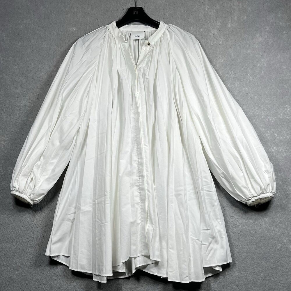 Acler White Pleated Balloon-Sleeve Tunic Top